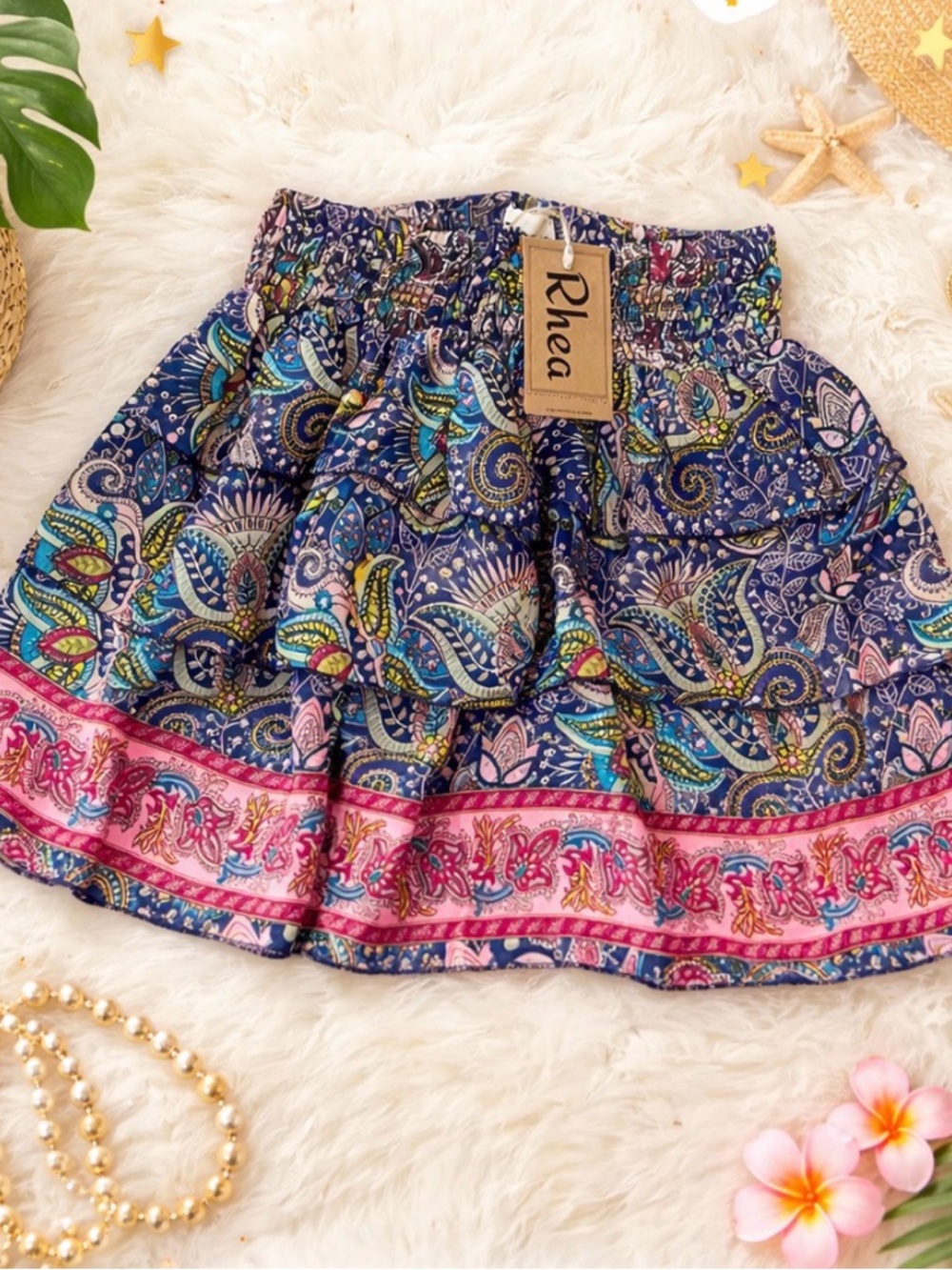Rhea Costa Navy Paisley Tiered Skirt with Pink Border